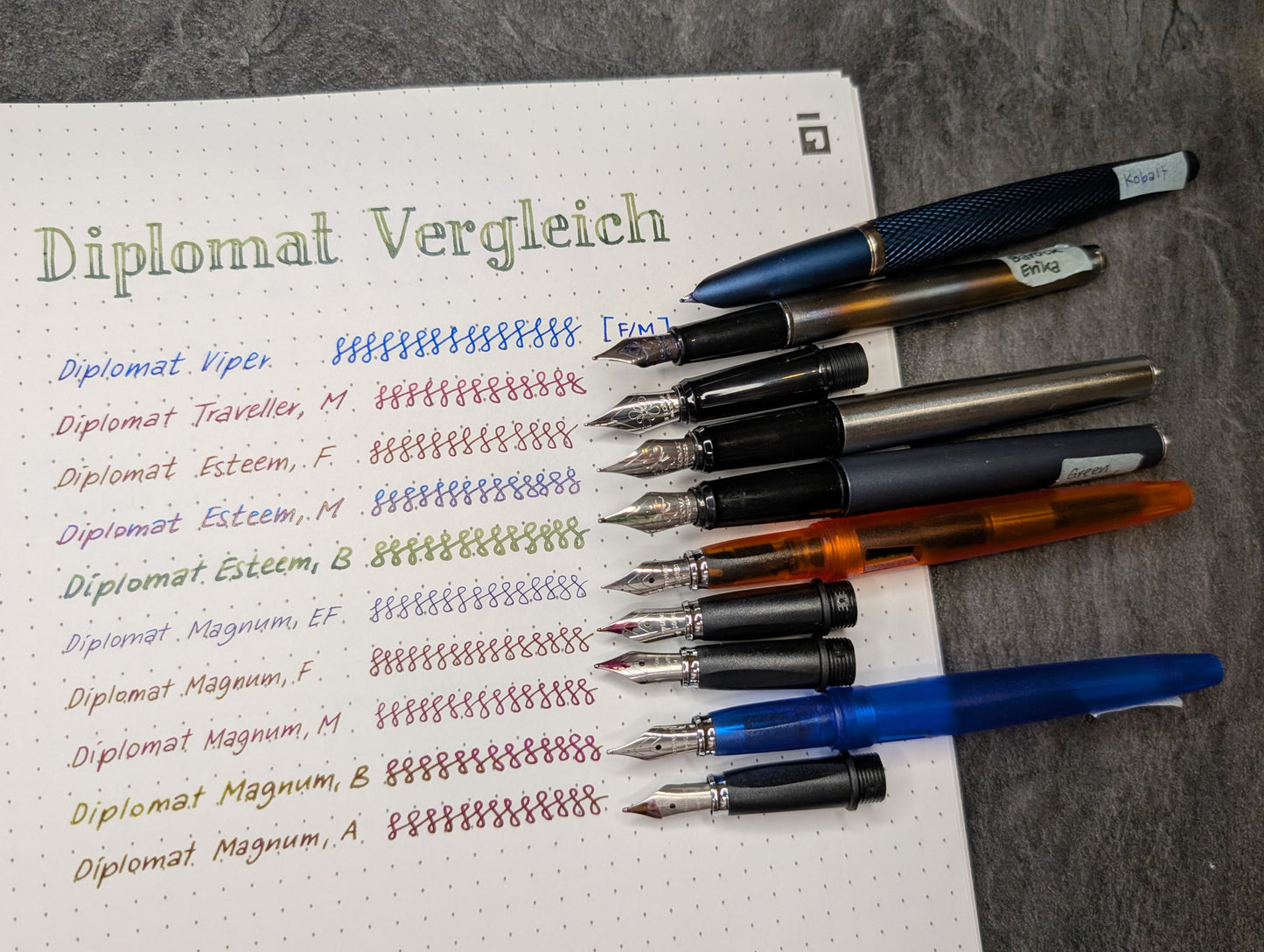 Schreibproben von Diplomat Füllern mit den jeweiligen Füllern bzw. Aufsätzen daneben: Mit den Diplomat Modellen Viper, Traveller, Esteem und Magnum.