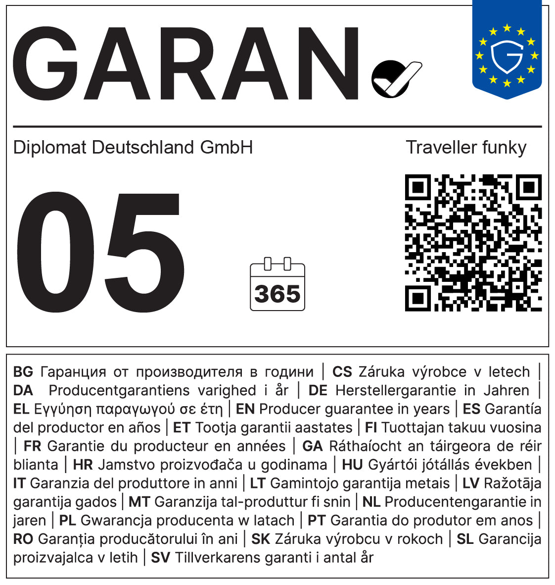 vorgeschriebenes EU GARAN Label, 5 Jahre Herstellergarantie für alle Diplomat Traveller funky stifte