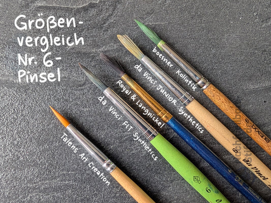 Abgebildete Pinsel/Marken: Talens Art Creation, da Vinci FIT Synthetics, Royal & Langnickel, da Vinci JUNIOR Synthetics, boesner Kolintik