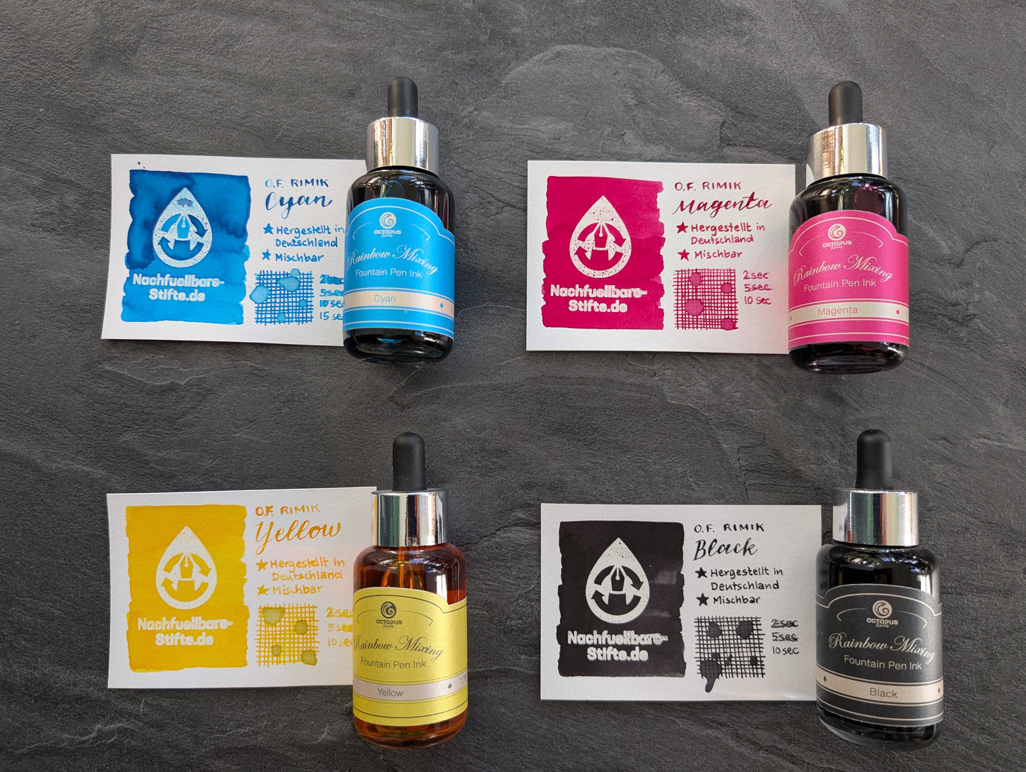 Mischbare Octopus Fluids RIMIK Einzelfarben: Cyan, Magenta, Yellow, Black; 50ml Glasflakons