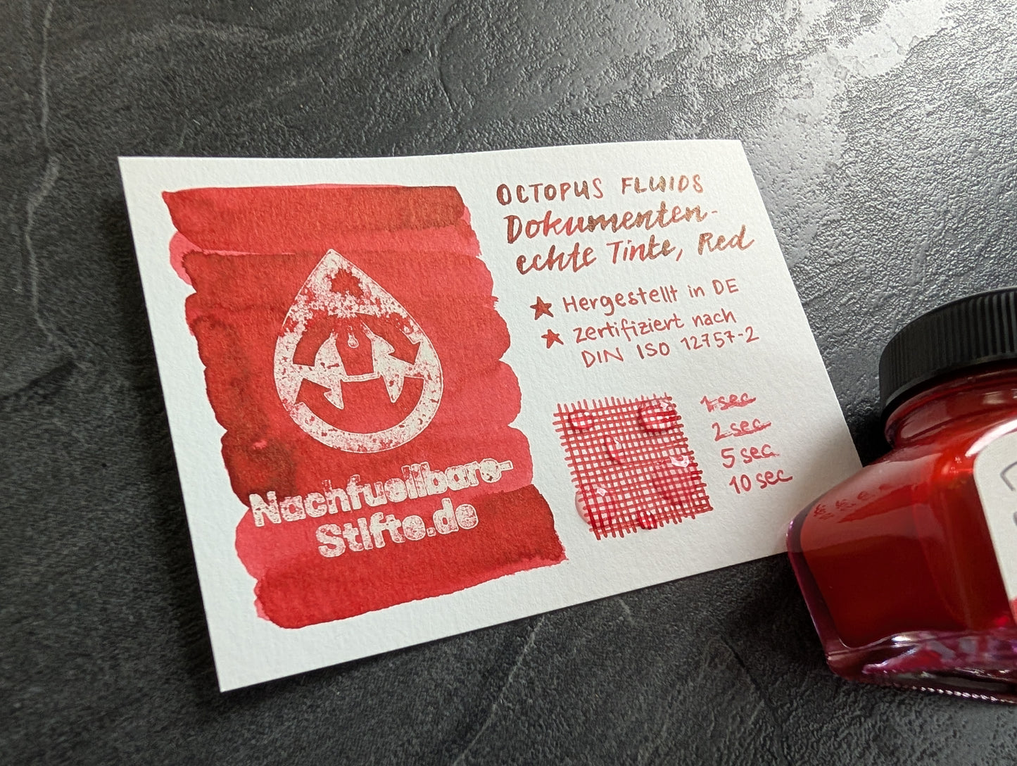 Octopus Fluids Dokumentenechte Tinte "Red", zertifiziert nach DIN ISO 12757-2, 30ml Glas