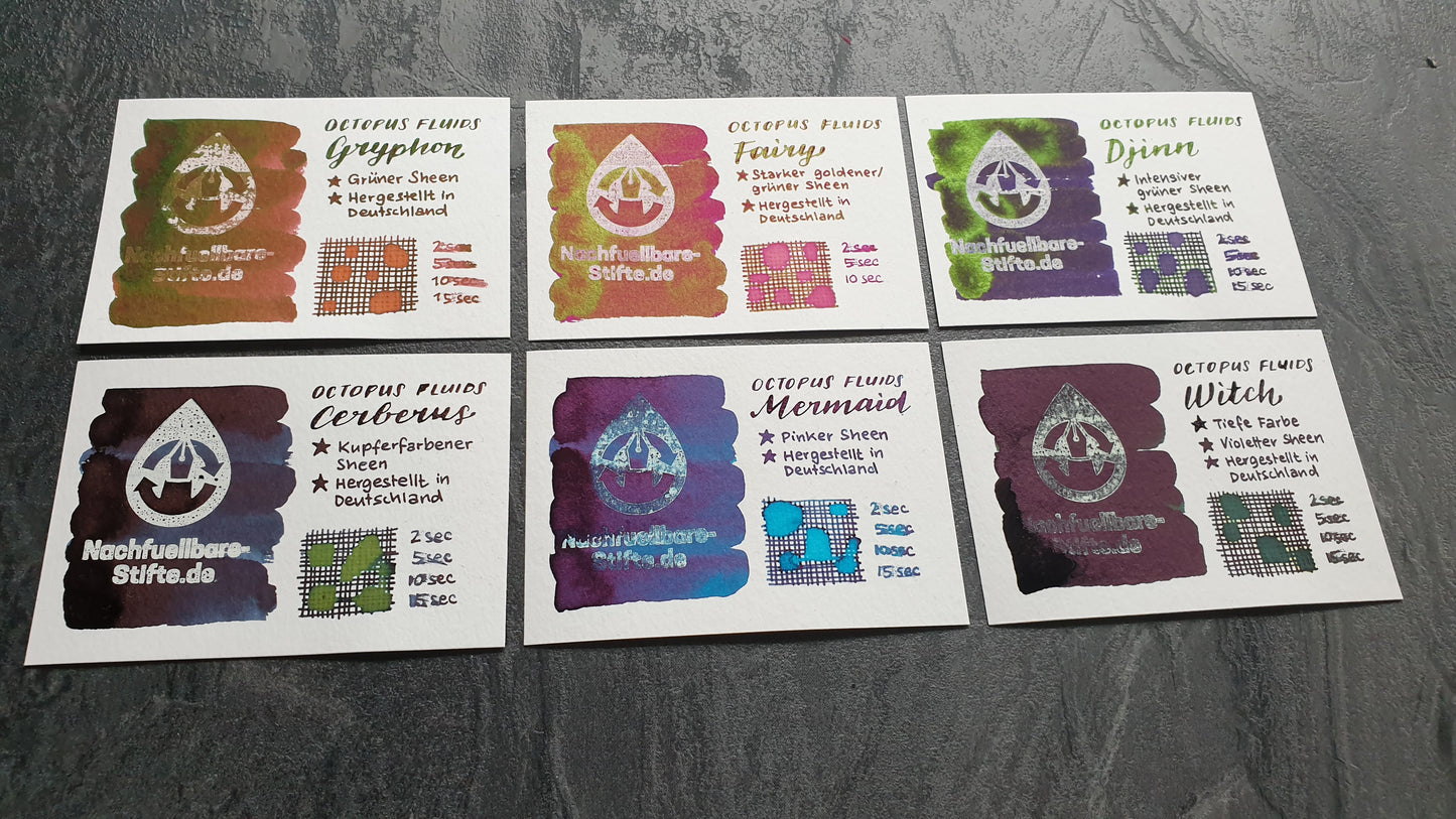 Vergleichsfoto mit Tintenswatches der Octopus Fluids Füllertinten: Gryphon, Fairy, Djinn, Cerberus, Mermaid, Witch