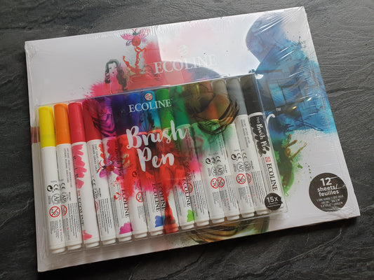 Ecoline Set: 15 Brush Pens+Aquarellpapier, Pinselstifte/Brushpens