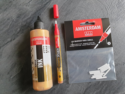 SET: Amsterdam Acrylmarker + 100ml Nachfülltinte + 10 Ersatzspitzen; Nachfüllbare Stifte