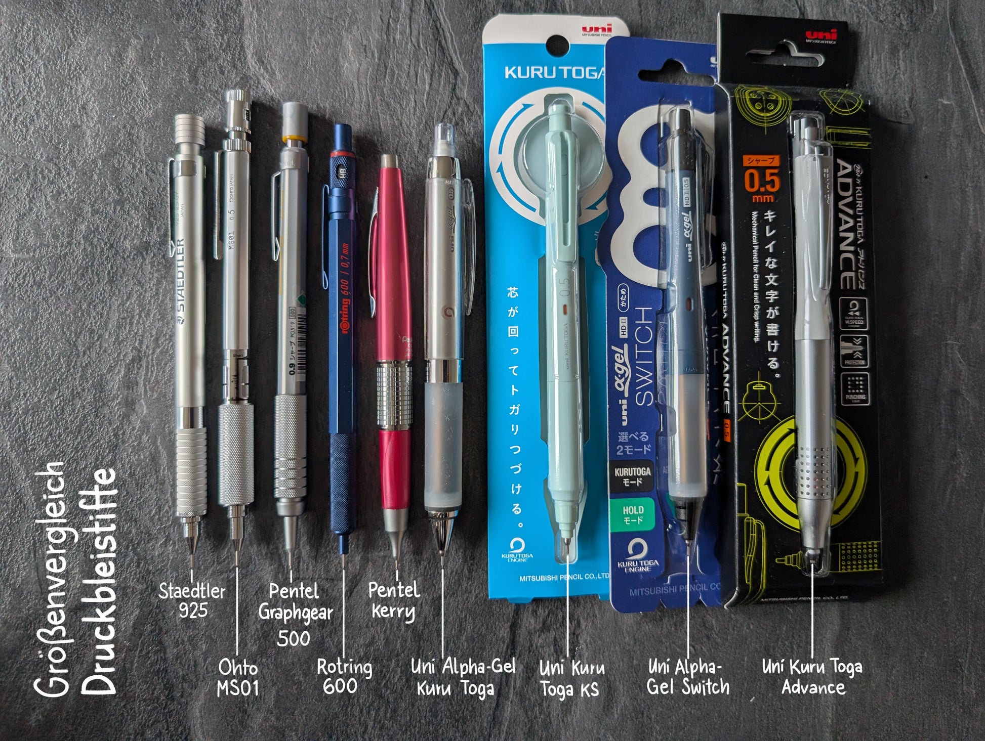 Druckbleistifte liegen zum Größenvergleich nebeneinander.