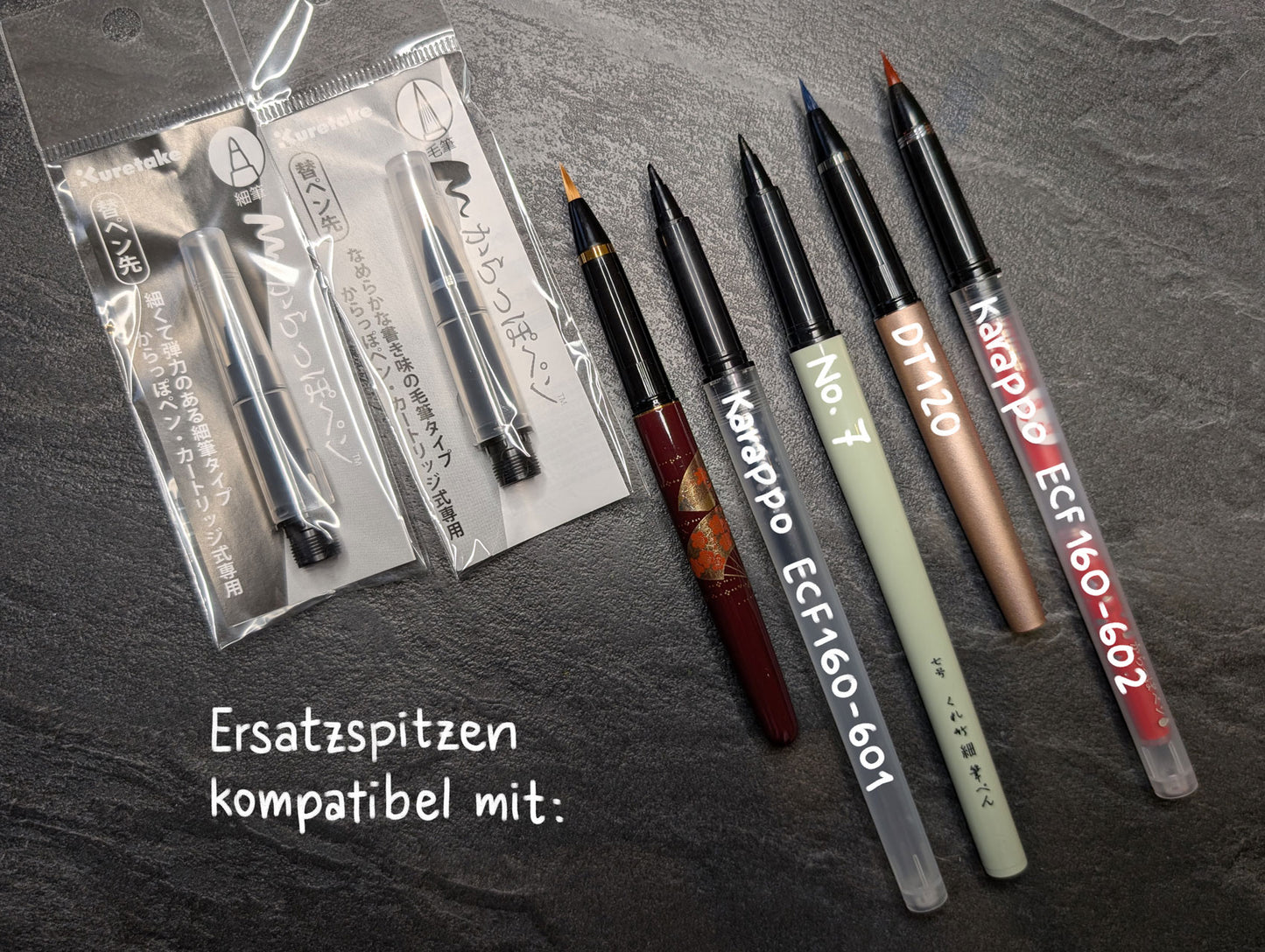 Kompatible Kuretake Stifte zum Vergleich neben den Spitzen: Karappo, DT120, No. 7, DU18x Serie