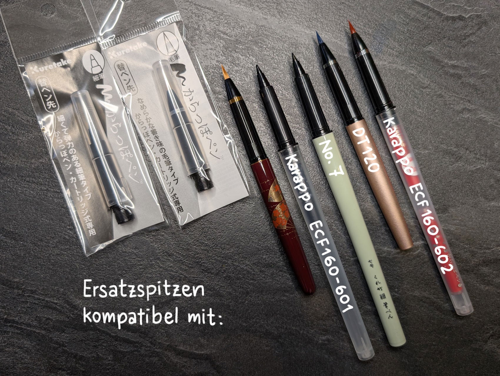 Kompatible Kuretake Stifte zum Vergleich neben den Spitzen: Karappo, DT120, No. 7, DU18x Serie