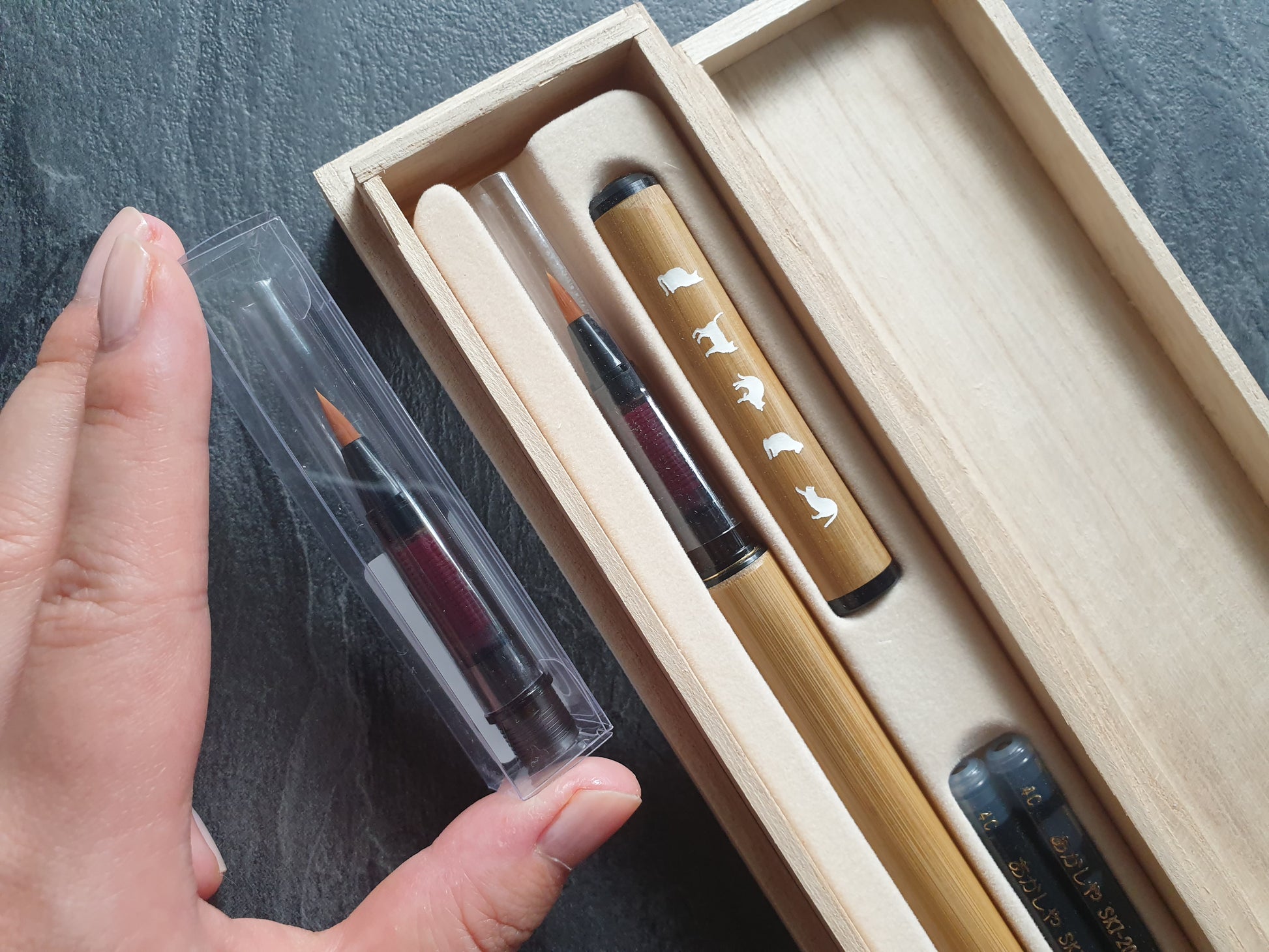 Hand hält eine Ersatzspitze in ihrer Plastikverpackung neben eine Geschenkbox aus Holz, in der ein Pinselstift aus Bambus mit Katzenmotiv liegt.