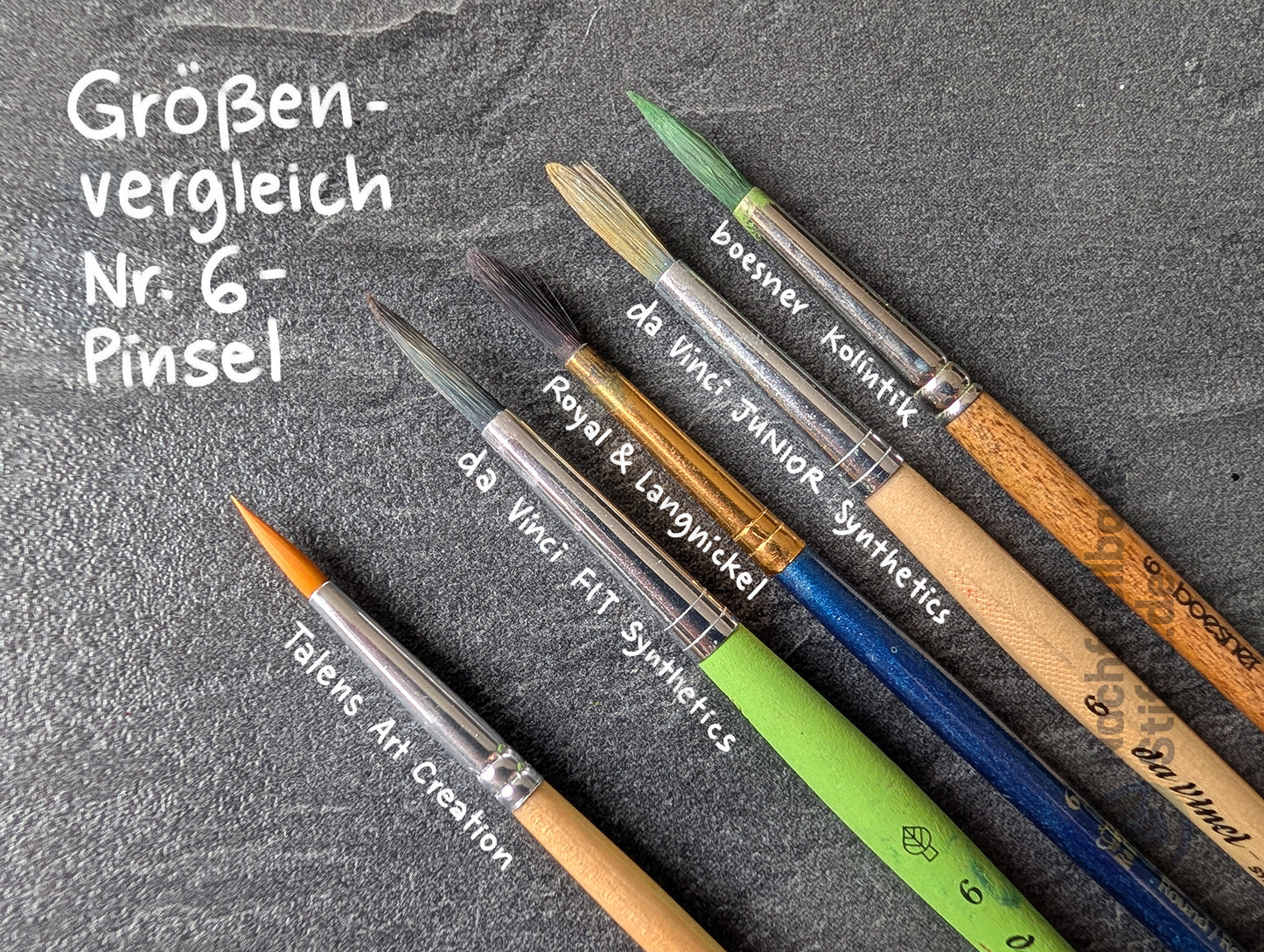Abgebildete Pinsel/Marken: Talens Art Creation, da Vinci FIT Synthetics, Royal & Langnickel, da Vinci JUNIOR Synthetics, boesner Kolintik