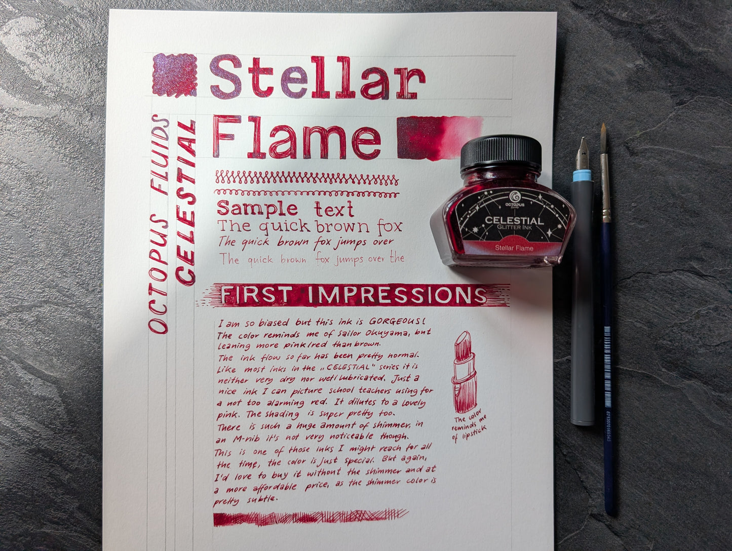 Octopus Fluids Celestial: Stellar Flame, 30ml Glas, rote Glitzertinte für Füllhalter