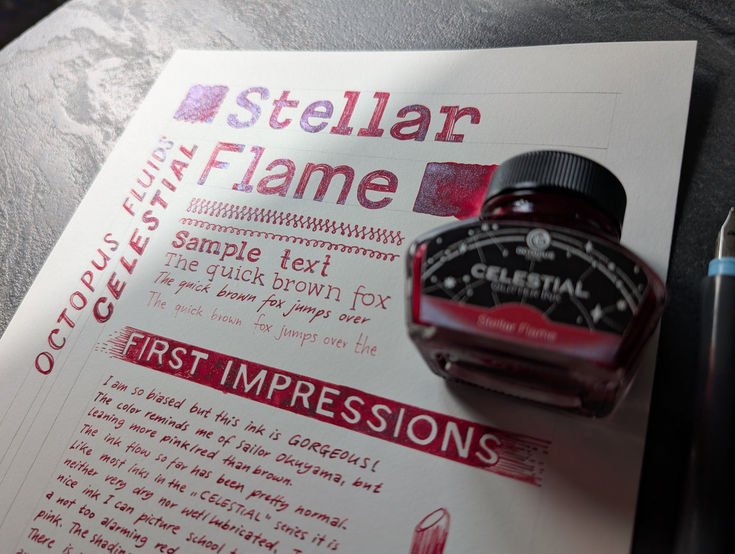 Octopus Fluids Celestial: Stellar Flame, 30ml Glas, rote Glitzertinte für Füllhalter