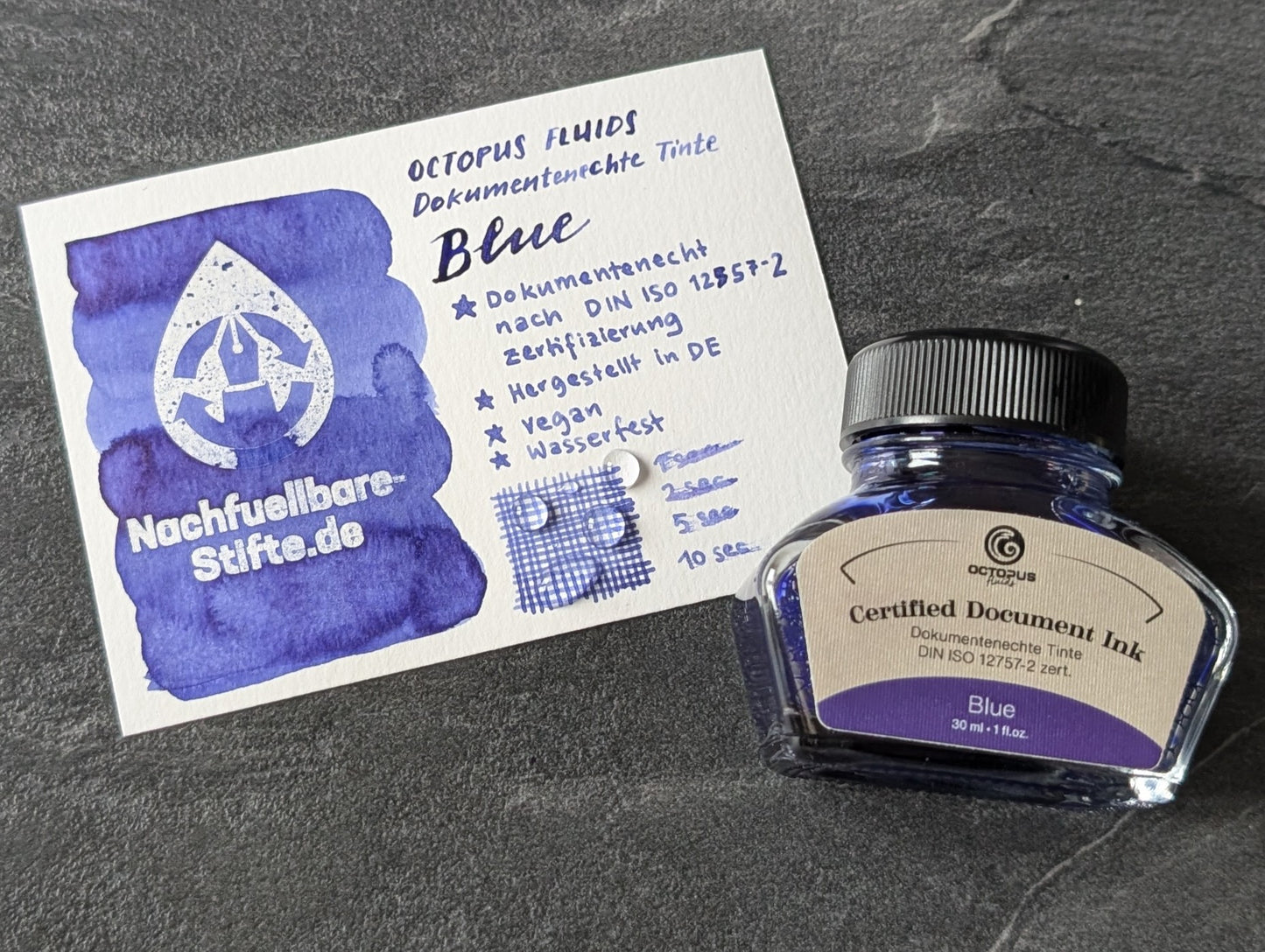 Octopus Fluids Dokumentenechte Tinte "Blue", zertifiziert nach DIN ISO 12757-2, 30ml Glas