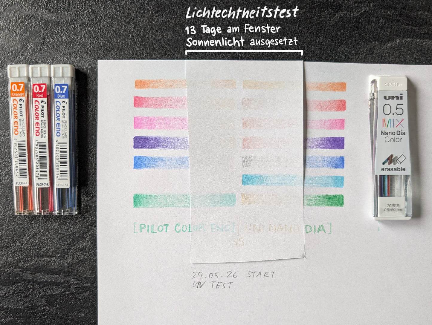 Vergleich: Pilot color eno vs. uni nano dia color waren 13 Tage sonnenlicht durch ein fenster ausgesetzt. Die Farben beider Sorten sind größtenteils verschwunden. uni nano dia mintblau ist die einzige aum verblasste Farbe.