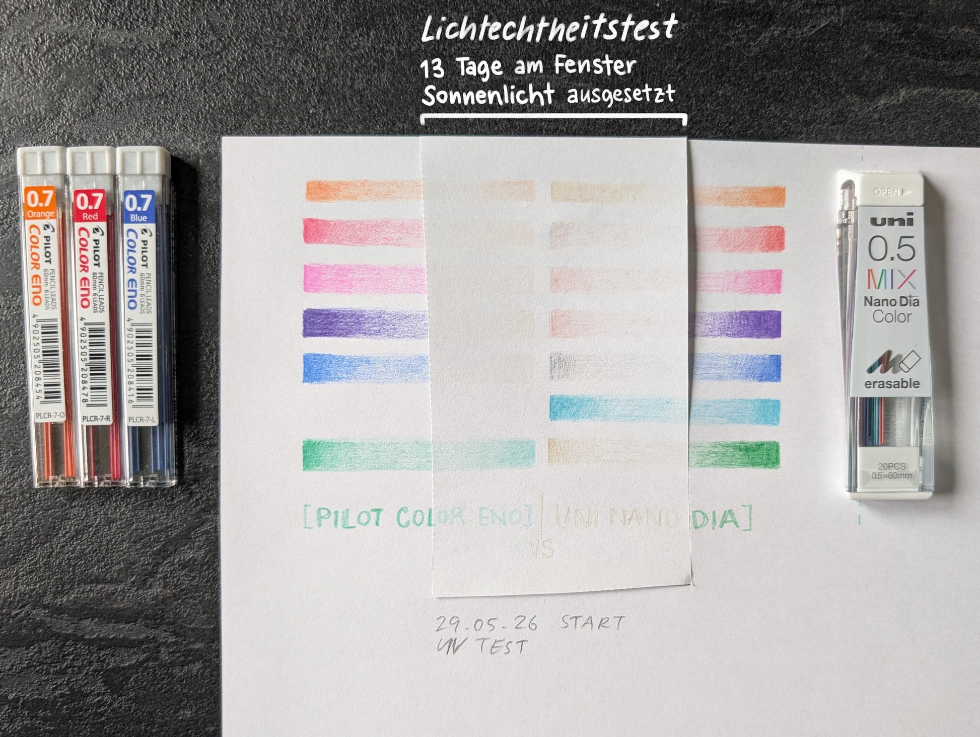 Vergleich: Pilot color eno vs. uni nano dia color waren 13 Tage sonnenlicht durch ein fenster ausgesetzt. Die Farben beider Sorten sind größtenteils verschwunden. uni nano dia mintblau ist die einzige aum verblasste Farbe.