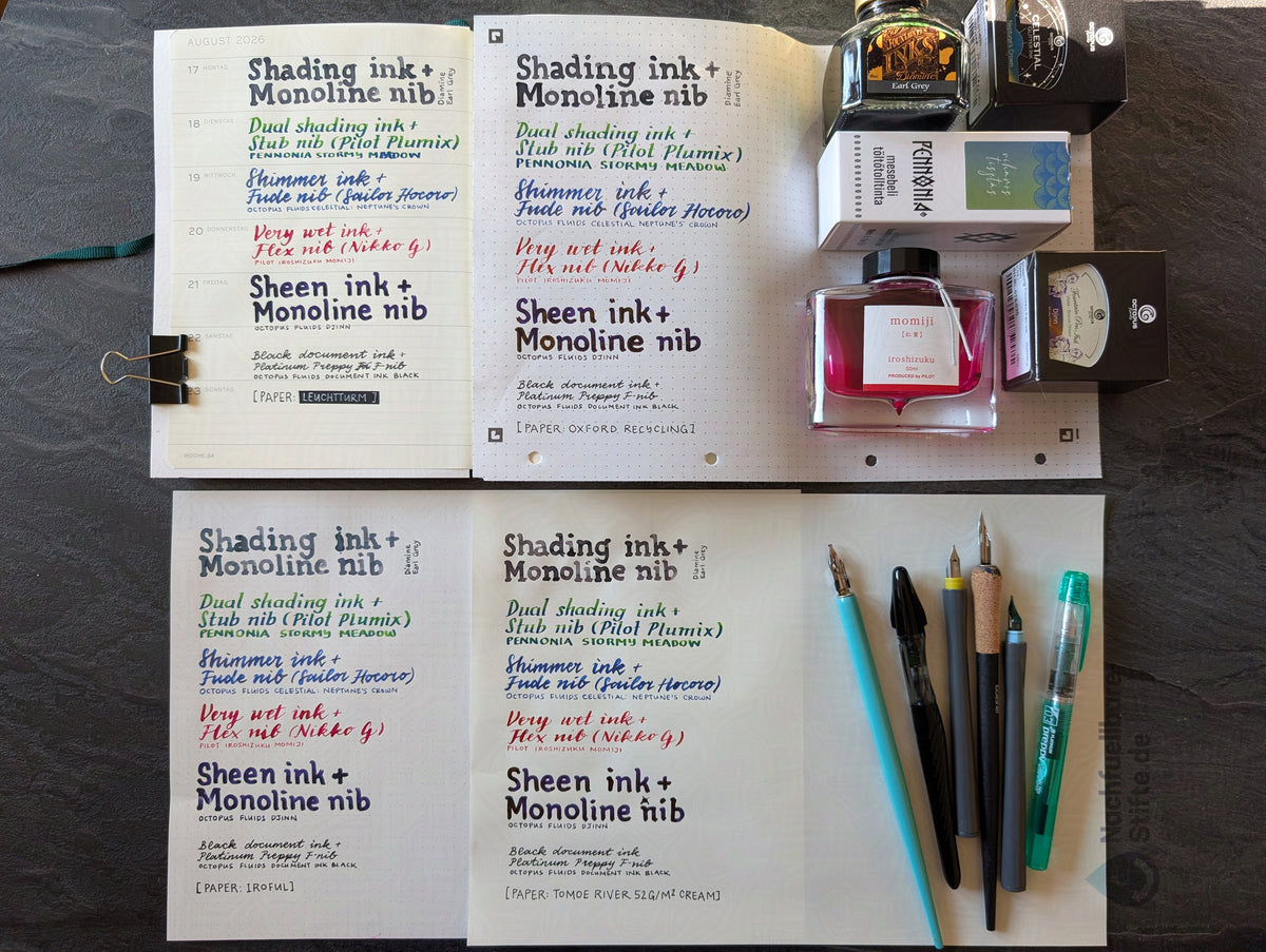 Vergleich von 4 füllerfreundlichen Papieren, auf denen die gleichen Tinten aufgetragen wurden:
Leuchtturm (Kalender 2026), Oxford Recycling Block, Iroful, Tomoe River (52g/m2, cremeweiß)