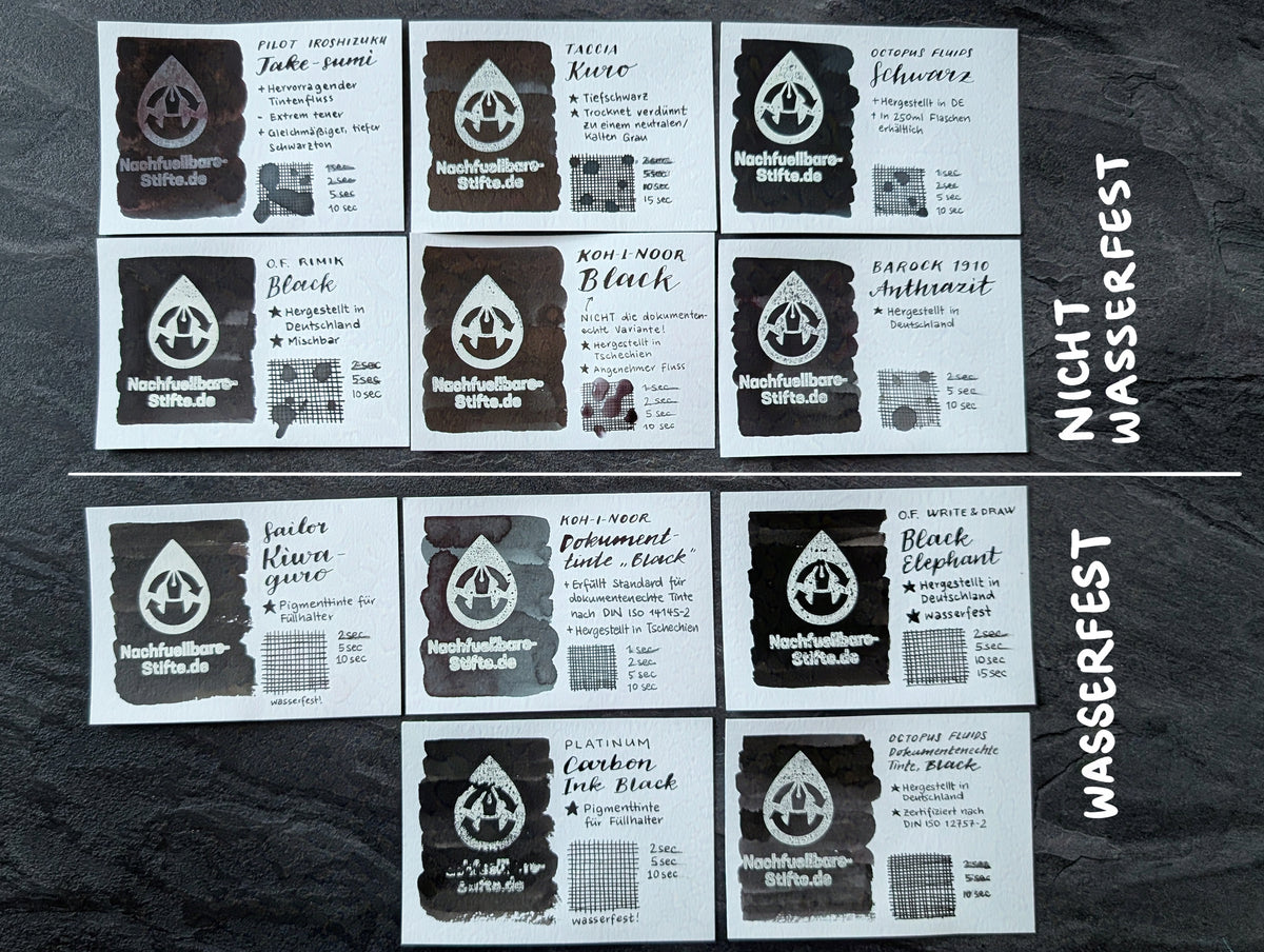 Farbkärtchen von schwarzen Tinten im Shop, oben nicht wasserfeste, unten wasserfeste Tinten.