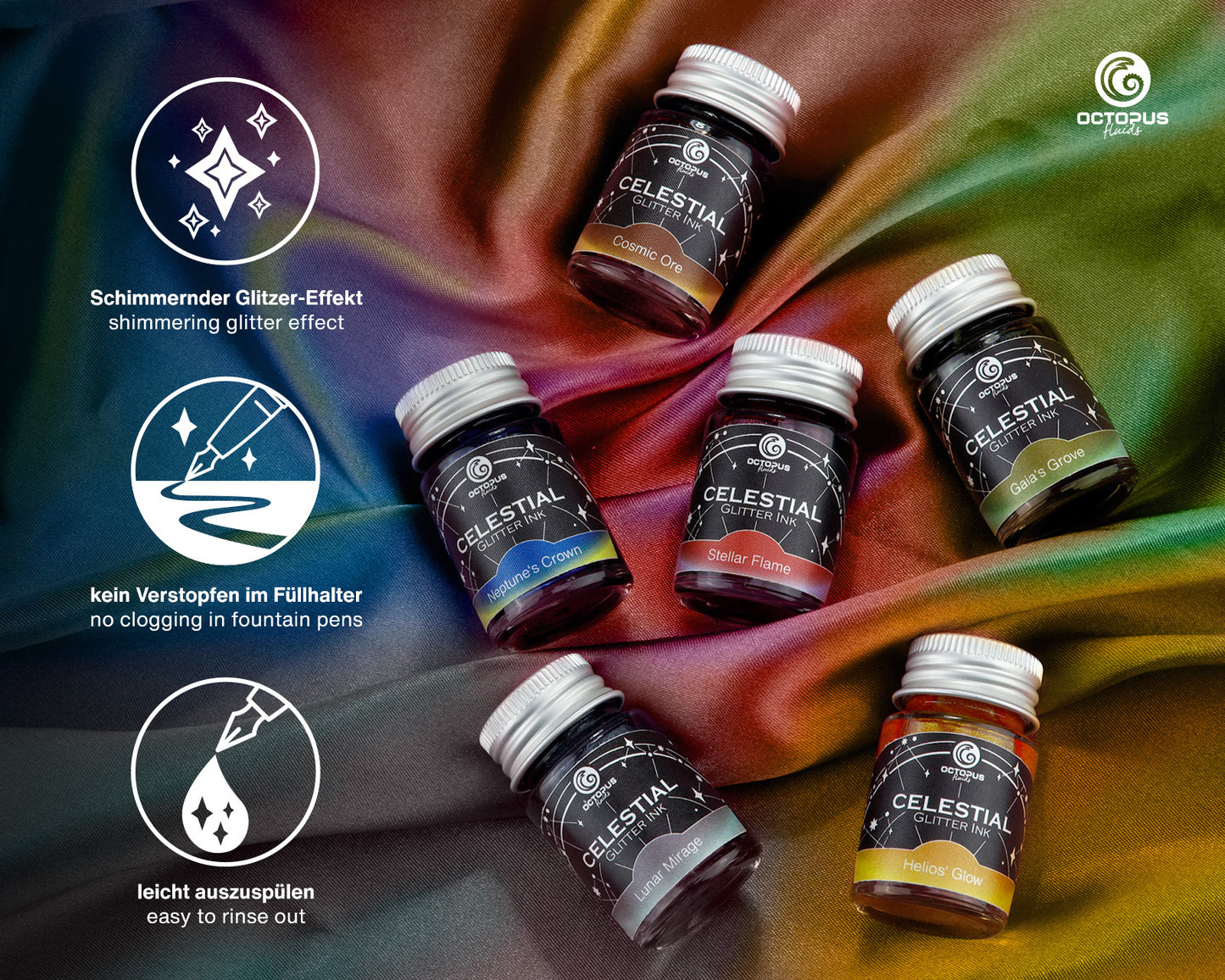 Octopus Fluids Celestial Collection Set: Glitzertinte für Füllhalter, 6x10 ml